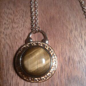Tiger's Eye 14K Gold over Copper Pendant Gold Plated Stainless Steel Necklace